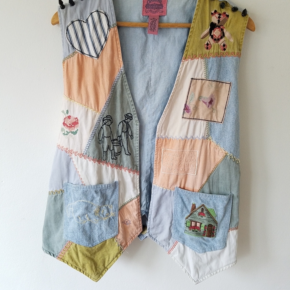 Vintage Cambridge Denim Embroidered Cat Patch Work Studded  Vest Jacket Large - Picture 4 of 14